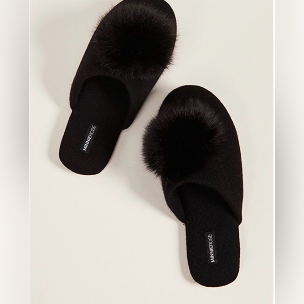 Minnie Rose Luxe Black Cashmere Fur Slippers Size L 9/10